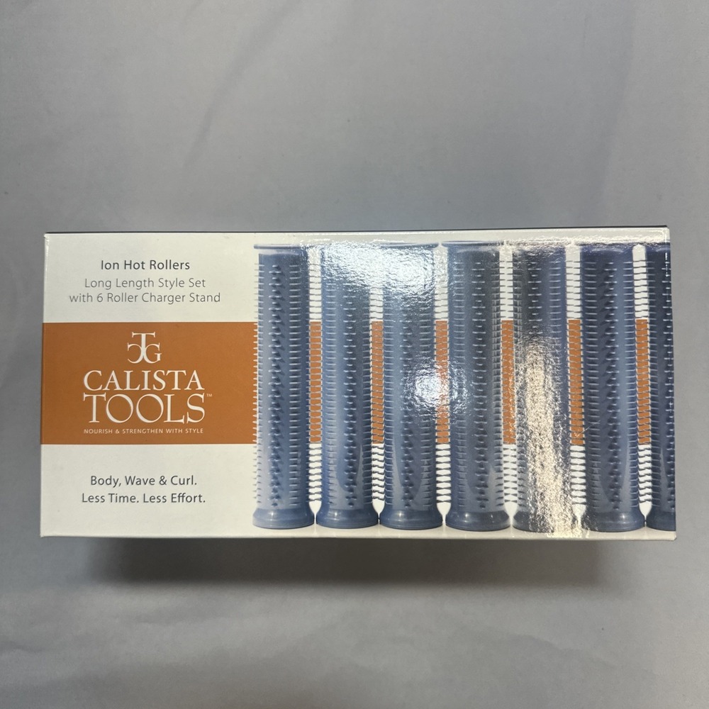 Calista Tools Ion Hot Rollers Long Length Style Set 6 Roller Charger Stand Blue